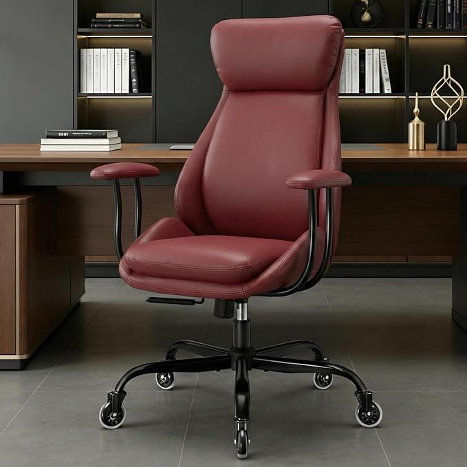 Office Chair, Leather Desk Chair with Rubber Wheels, Ergonomic Computer Chair 500 LBS with Lumbar Support, High Back Executive Chair for Modern Home Office, Red