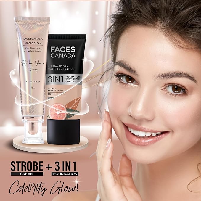 FACESCANADA Strobe Cream - Rose Gold | with Shea Butter & Hyaluronic Acid | Hydrating & Illuminating Makeup | for Radiant Dewy Skin | 1.01 Fl Oz (30ml)