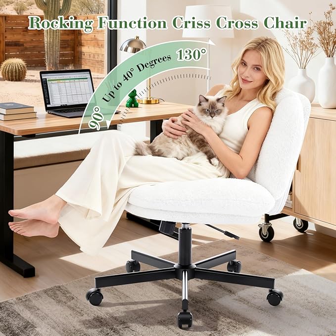 Cross Legged Office Chair, Thick Cushioned Criss Cross Chair with Wheels, Wide Seat Armless Office Chair, Height Adjustable Swivel Vanity Chair for Home and Office, White