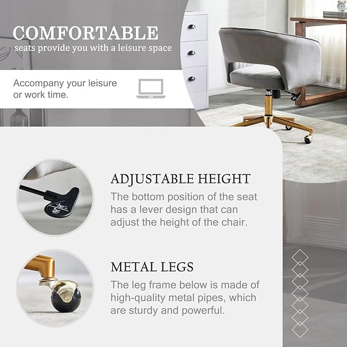 Vanity Chair with Back 360 Swivel Armchair and Gold Base, Criss Cross Chair with Wheels for Vanity Home Office, Living Room, Bedroom and Study (Grey)