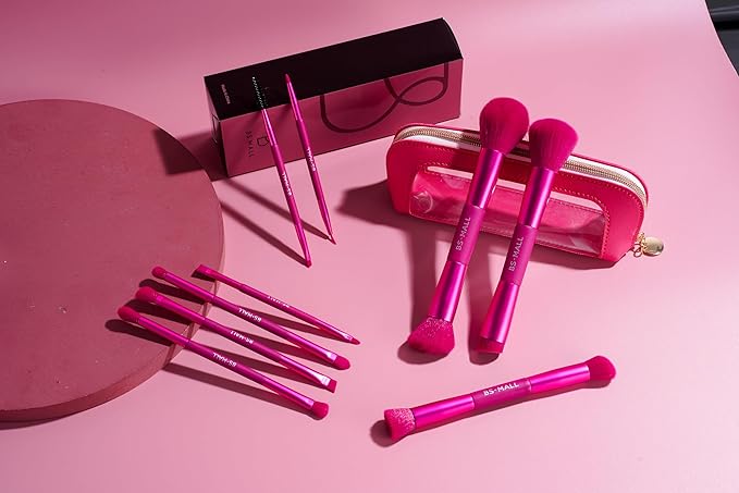 BS-MALL Double-ended Makeup Brush Set With Concealer Brush & Foundation Brush, Eyeshadow Brush- Travel-friendly Multi-purpose Brushes In Makeup Bag For Daily Use (9 PCS Hot Pink)