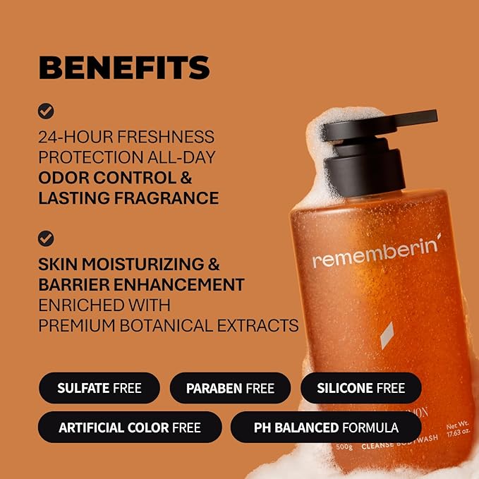 Body Wash for Aging Body Odor & Nonenal – Korean Fermented Persimmon Extract, Reduces Body Odor up to 92.3%, CICA & Ceramide for Sensitive Skin, Sulfate-Free (17.6 oz / 500g)
