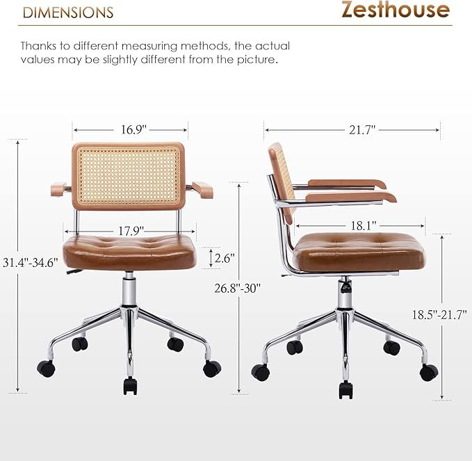 Zesthouse Leather Office Desk Chair with Wheels, Mid Century Rolling Desk Chair with Wood Arm & Natural Rattan Back, Modern Swivel Home Office Chair, Small Height Adjustable Computer Task Chair, Brown