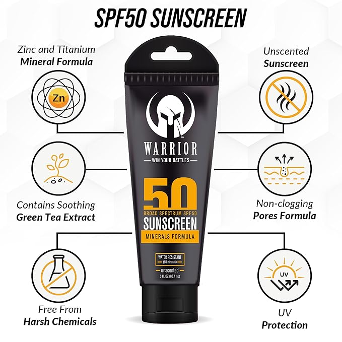 WARRIOR - WIN YOUR BATTLES- SPF 50 Sunscreen Lotion - 80 Minutes Water Resistant, Reef Safe, Unscented Lotion Non-Nao Zinc & Non-NanoTitanium Sunscreen with Mineral Formula - 3 Fl Oz - Pack of 2