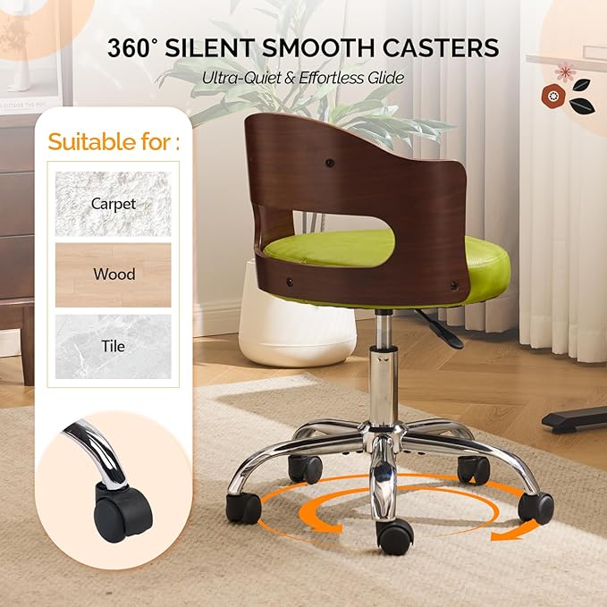 VINGLI Armless Home Office Desk Chair, Adjustable Swivel Chair,Dual-Use with/no Wheels,Small Retro Designed Walnut Curved Task Chair,Cushioned Nail Tech Chair for Study Area,Workspace,PU,Grass Green