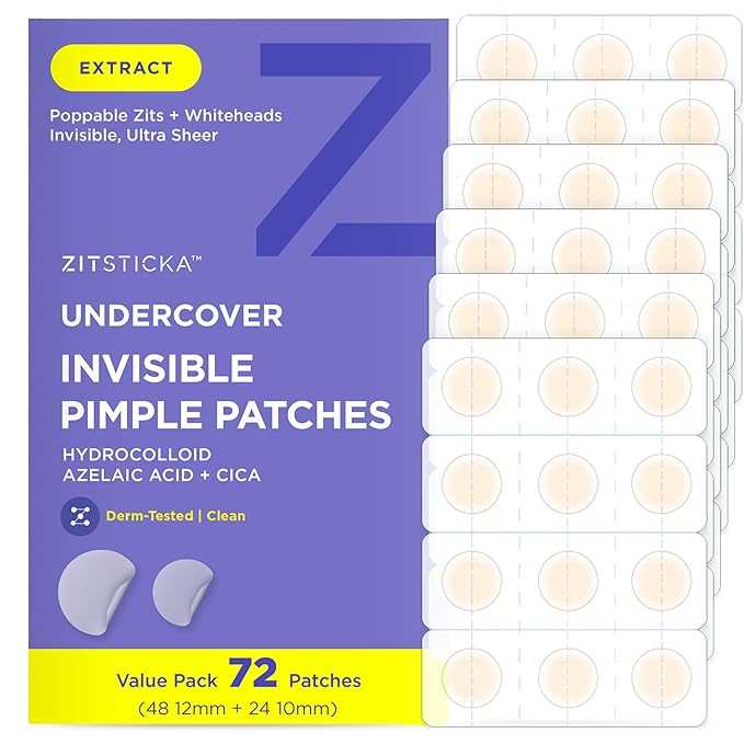 ZitSticka Invisible Daytime Pimple Patches, Hydrocolloid Patches for Face, Ultra-Thin Clear Azelaic Acid & CICA Blemish Patches, Pimple Stickers (UNDERCOVER 72 Ct)