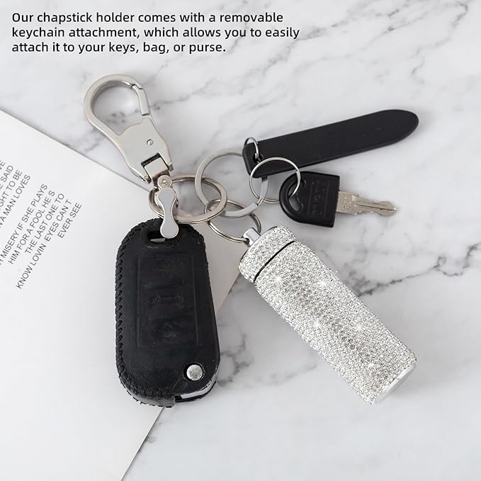 Chapstick Holder Key Chain 2Pcs Lip Balm Gloss Holder Keychain Bling Lipstick Case for Purse Portable Metal Chap Stick Organizer Cute Key Chain Accessories for Women (Sliver)