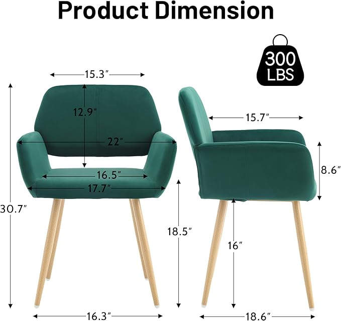 KCC Small Modern Dining Room Arm Chairs Set of 2, Mid-Century Upholstered Velvet Side Seat Club Guest with Metal Tube Legs for Kitchen, Living Room, Green