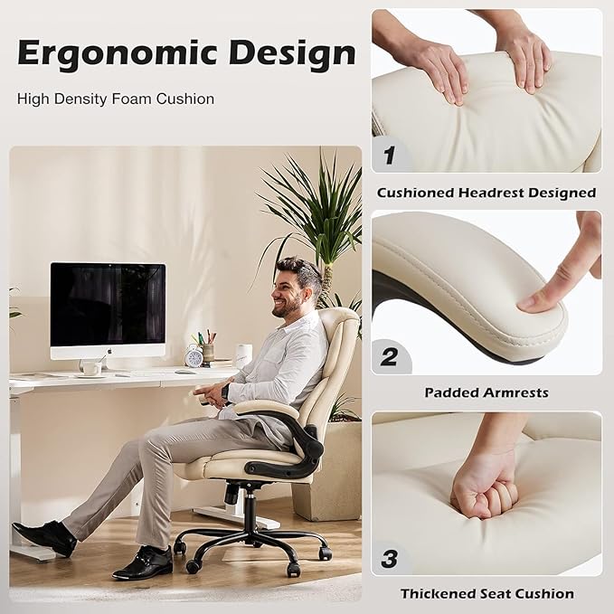 DUMOS Office Chair Set of 2 - Ergonomic Executive Computer Desk Chairs with Adjustable Flip-up Armrest, Swivel Task Chair with Lumbar Support, Strong Metal Base, PU Leather, Cream White