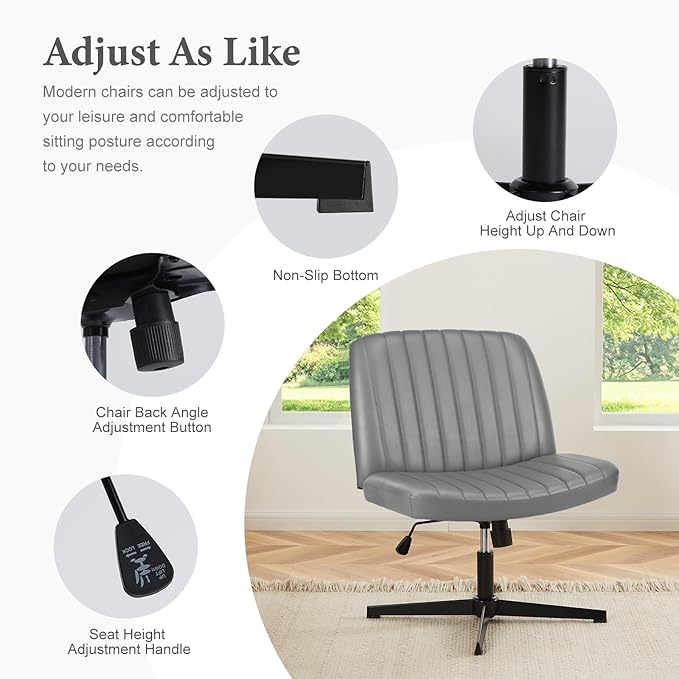 Sweetcrispy Criss Cross Chair Legged, Armless Office Wide Desk Chair No Wheels, PU Leather Swivel Vanity Height Adjustable Fabric Modern Computer Task Seating for Home - Grey