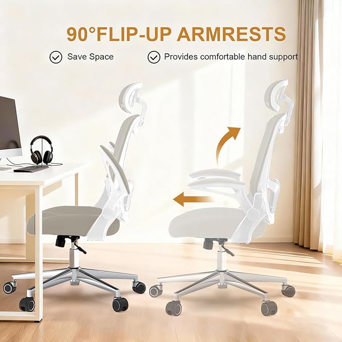 Office Chair, Ergonomic Breathable Mesh Chair,Flip-Up Arms and Adjustable High Back Lumbar Support,Comfy Computer Chair for Home Office (Beige, 407)