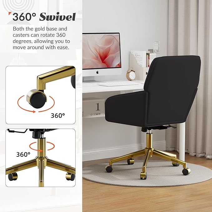 YISHENG Velvet Home Office Chairs with Gold Base, Height Adjustable 360 Degree Swivel Desk Chair with Wheels, Upholstered Tufted Modern Vanity Chairs for Living Room, Bedroom,Study Room (Black)