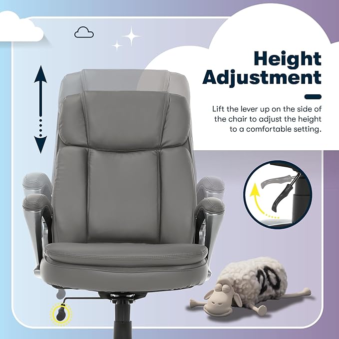 Serta Fairbanks Big and Tall Executive Office Chair - Ergonomic High Back Computer Desk Chair with Lumbar Support, Memory Foam Seat Cushion, Padded Armrests, Bonded Leather, 350 lb Capacity - Gray