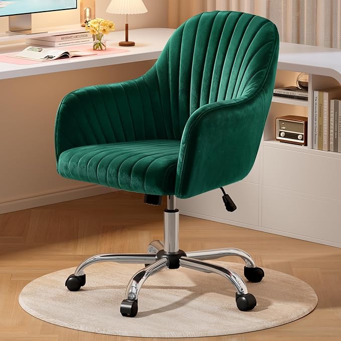 Warmiehomy Desk Chair, Velvet Office Chair for Home Office, Comfy Vanity Chair, Girl Cute Makeup Chair with Arm Rest for Bedroom Dressing Room, Green