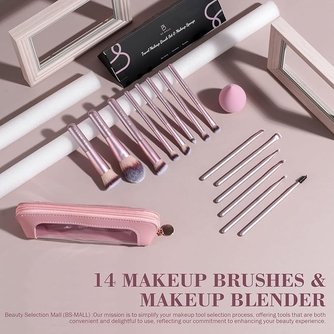 BS-MALL 14 Pcs Makeup Brushes Set with 1 Pcs Makeup Sponge – Essential Foundation Powder Concealers, Eye Shadows, Blush Makeup Brushes with Travel Makeup Case (Matte Gold Pink)