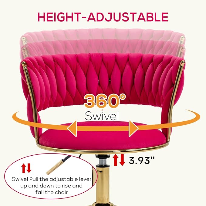 NIOIIKIT Velvet Office Desk Chair with Hand Woven Backrest, 360° Swivel & Height Adjustable Task Chairs, Makeup Chair, Computer Chair with Stainless Base and 5 Wheels (Rose Red)
