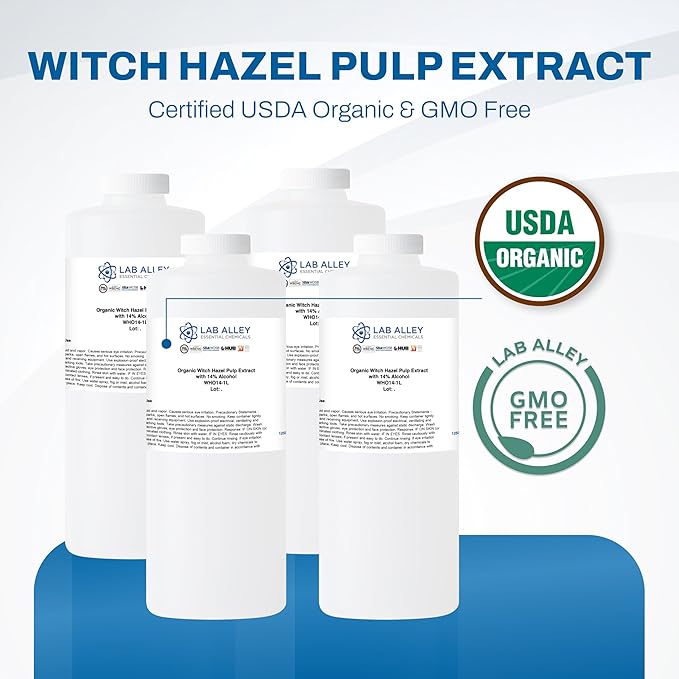 Lab Alley Organic Witch Hazel Pulp Extract, with 14% Alcohol, Ideal for Your Skincare Routine - 4 Liters (Pack of 4 x 1 Liter Bottles)