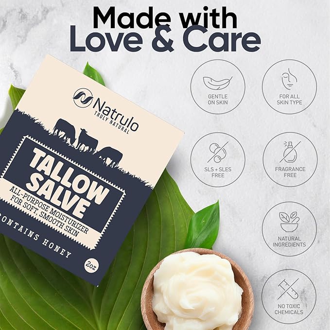 Beef Tallow Salve – All Natural Grass Fed Beef Tallow & Honey All Purpose Balm – Moisturizing Body Salve Great for Eczema, Cracked, Dry, Itchy, Irritated Skin – Skin Repair Skincare Made in USA