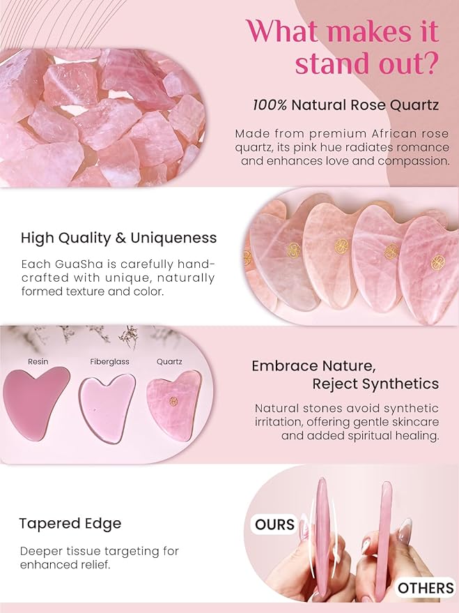 Rena Chris Gua Sha Facial Tools, Rose Quartz Guasha Tool for Acupuncture, Manual Massage Tool for Jawline Sculpting and Puffiness Reducing, Gua Sha Facial Massage Tool with Silicone Case (Rose Pink)