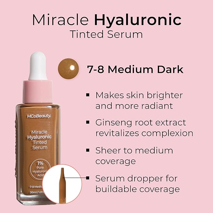 MCoBeauty Miracle Hyaluronic Tinted Serum 7-8 Medium Dark - Hydrating Skin Tint Foundation with Hyaluronic Acid Ginseng - Buildable Sheer to Medium Coverage Dewy Finish - Vegan Cruelty Free Makeup