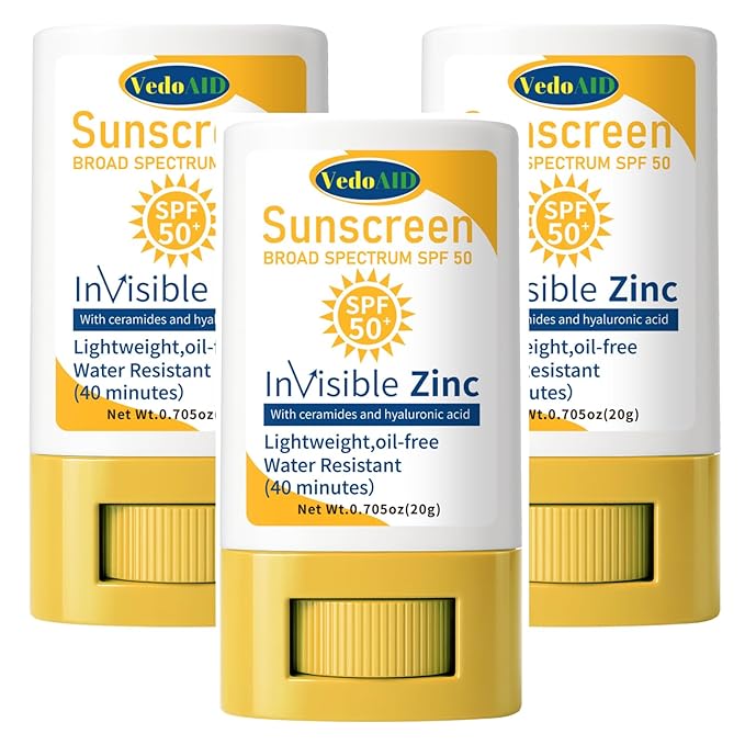 (3pc) VedoAID Invisible Zinc Sunscreen Stick, SPF 50 Broad Spectrum, Water Resistant, Hydrating with Vitamin E, Zinc Oxide, 0.705 oz (Invisible Zinc)