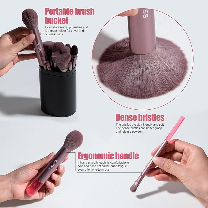 BS-MALL 21 Pcs Professional makeup brush set with foundation brush for liquid Makeup, eyeshadow Brush, concealer brush - Includes 6 Triangle Puffs & case for Even, Multi-purpose application (Pink)