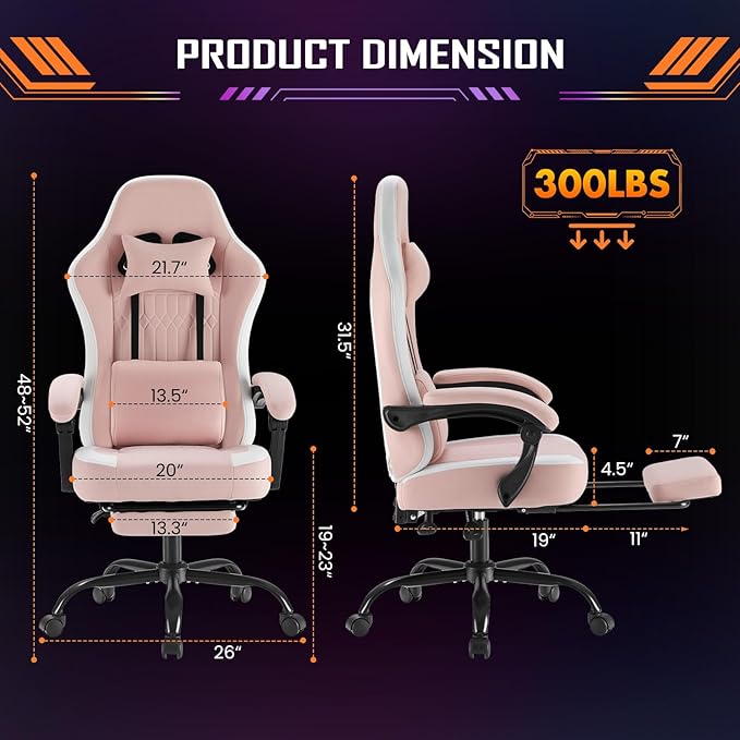 NEWBULIG Gaming Desk Chair - High Back Computer Office Chair with Footrest and Headrest, Comfy Ergonomic Lumbar Support with Linkage Armrests, Height Adjustable and 360° Swivel Wheels, Pink