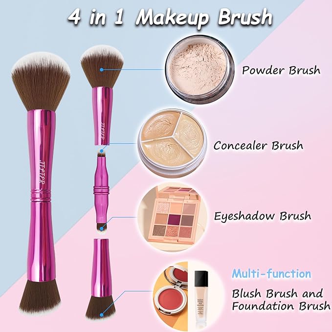 Jilier 4 in 1 Makeup Brush Set with Travel Makeup Brush Holder, Travel Makeup Brushes with Case, Double Sided Makeup Brushes with Silicon Portable Cosmetic Face Brushes Holder