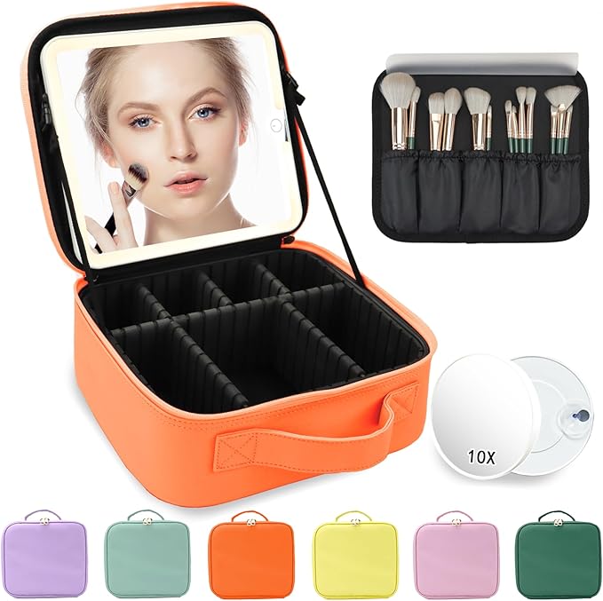 Makeup Bag with Mirror,with Mirror 3 Color Setting and Detachable 10x Magnifying Mirror Large Vanity Makeup Cases,Portable Storage and Adjustable Dividers, for Women and Makeup Artists-Orange