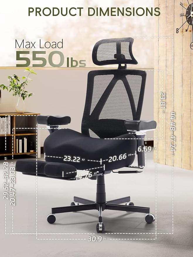 Big and Tall Office Chair 550lbs, Ergonomic Desk Chair with W Thick Cushion&4D Armrest, Executive Mesh Desk Chair with Adjustable Lumbar,2D Headrest,Footrest, Swivel Task Chairs for Home Office Gaming