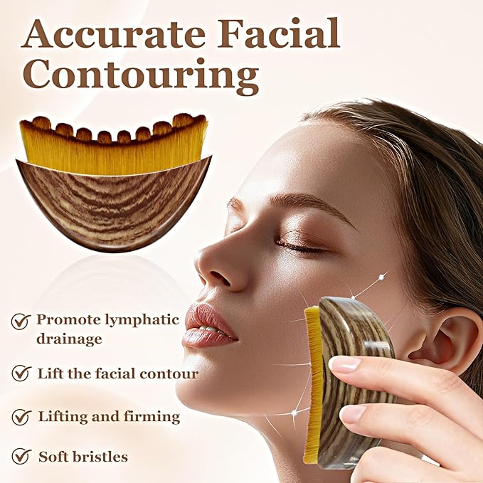 Lymphatic Contour Face Brush - Lymphatic Drainage Makeup Brushes for Sculpting & Lifting, Anti-Puffiness Detox Massage, Boosts Skincare Absorption & Glow, Soft Bristles for All Skin Types(Brown-2 pcs)