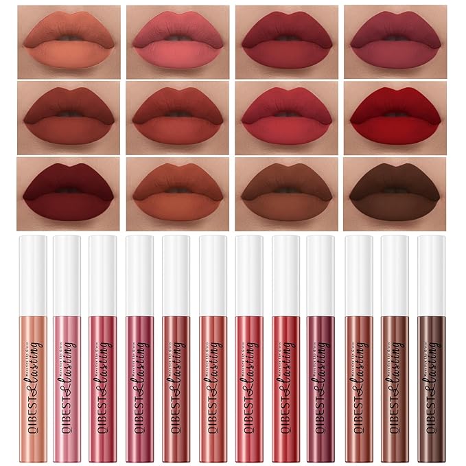 12Pcs Nude Matte Liquid Lipstick Set, Waterproof Long Lasting Non-Stick Cup Nude Brown Dark Red Lipstick 24 Hour Matte Lipstick Professional Lip Gloss Makeup Valentine's Day Gifts for Women (Set C)