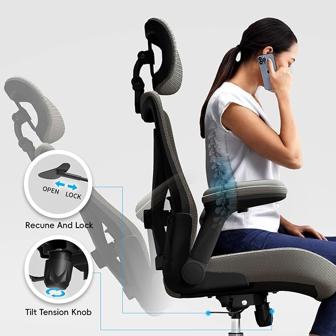 Office Home Ergonomic Desk Chair-Computer X-Shaped Chair Mesh PU Leather with Adjustable Lumbar Support-Executive Chair High Back Flip-Up Arms for Long Hours (Dark Green)