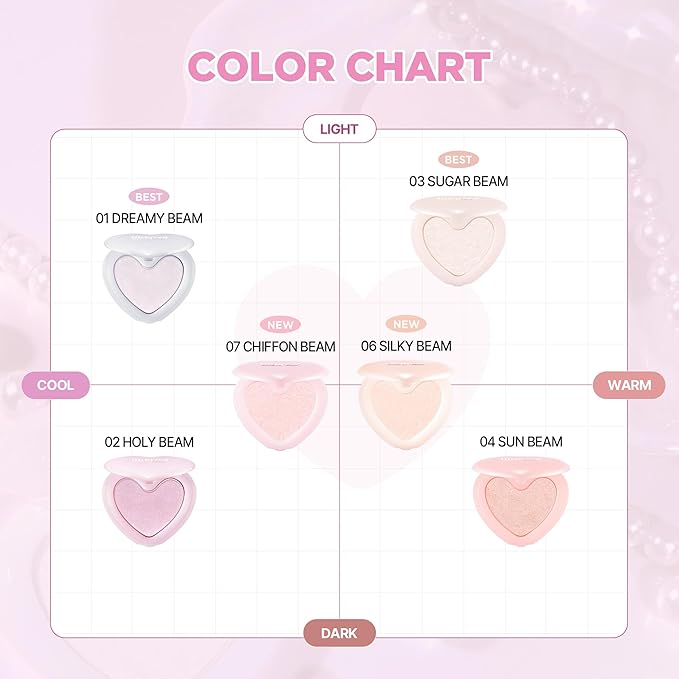 lilybyred Luv Beam Glow Veil | Korean Heart-Shaped Highlighter, Illuminating Shimmer, Radiant Glow, Silky Powder Texture, Buildable & Blendable, Lightweight & Long-Lasting, 0.12 oz. (07 Chiffon Beam)
