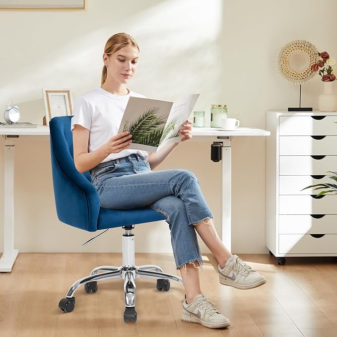 MOJAY Velvet Office Swivel Chair, Vanity Fabric Desk Pretty Fancy Gold Office Chairs for Girls, 360°Swivel Height Adjustable Reception Chair (Navyblue)