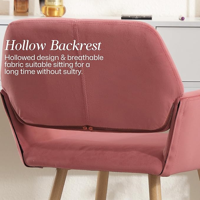 Home Office Velvet Desk Chair, Makeup Vanity Chair, Comfy Accent Armchair with Wood Grain Metal Legs, Cute Dining with Hollowed Back, Rose