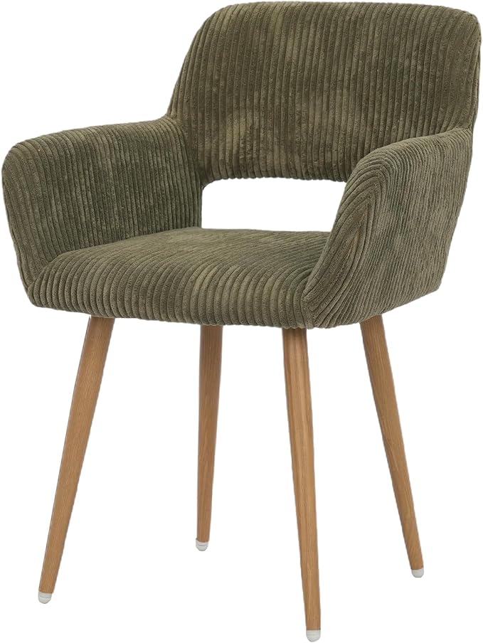 HENJIANYI Home Office Corduroy Desk Chair, Makeup Vanity Chair, Comfy Accent Armchair with Wood Grain Metal Legs, Cute Dining Chair with Hollowed Back, Green