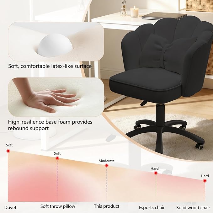 Home Office Desk Chair Swivel Rolling Vanity Chair with Silent Wheels and Comfortable Back, Adjustable Height Upholstered Computer Task Chair for Makeup, Bedroom