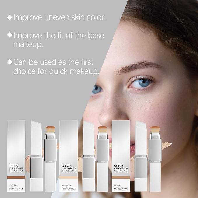 Color Changing Foundation Stick - 2 in 1 Foundation Stick with Brush, Hydrating Concealer Base Makeup, Korean Skin Care Foundation Stick, Perfect Match For All Skin Tones (Dark)