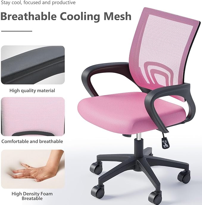 Home Office Chair, Ergonomic Mid-Back Mesh Desk Chair with Lumbar Support, Adjustable Swivel Rolling Design, Comfy Armrest for Work, Study, Gaming, Vanity, Pink