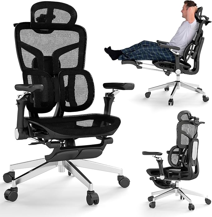 MOJAY Ergonomic Office Chair with Footrest, Big and Tall Desk Chair with Lumbar Support, High Back Home Desk Chair for Long Desk Work, Swivel Rolling Computer Seating with 6D Armrest for Home Office