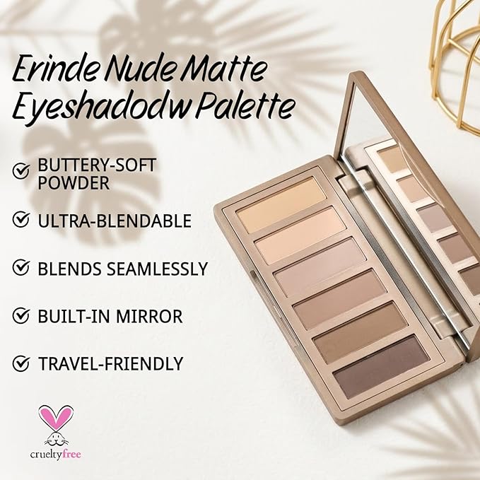 Erinde Nudes Series Mini Eyeshadow Palette, 6 Matte & Satin Neutral Eye Shadows, Cool Tone Taupe Brown Eye Makeup, Multi-Use Powder for Eye, Contour, Brows, Ultra-Blendable, Travel Makeup with Mirror