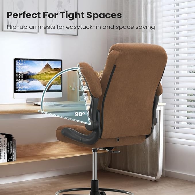 Drafting Chair for Standing Desk – Tall Office Chair with Adjustable Height & Foot Ring, Flip-Up Arms, Lumbar Support – Comfortable Fabric Seat, Ideal Home Desk Chair