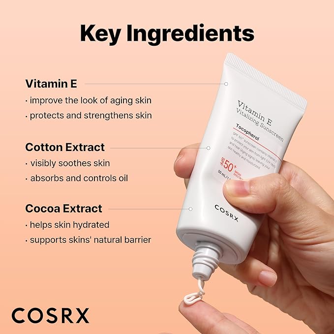 COSRX Vitamin E Vitalizing Sunscreen,SPF 50 Broad Spectrum Face Sunscreen, Lightweight, Non-Sticky, No White Cast, Vitamin E for Antioxidant Care, For All Skin Tones, Korean Skincare, 1.69 fl oz