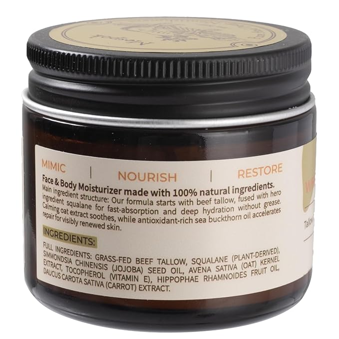 Beef Tallow for Skin - Grass-Fed Tallow Balm with Organic Squalane & Oat Extract | Whipped Face & Body Moisturizer for Extremely Dry Skin, Non-Greasy, Additive-Free, Unscented (1.5oz)