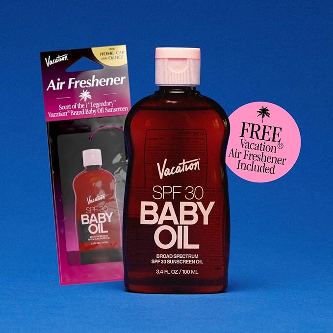 Vacation Baby Oil SPF 30 & Air Freshener Bundle, Hydrating & Nourishing, Mineral-Oil Free, Lightweight Formula, Transparent On All Skin Tones, Travel Size Sunscreen, 3.4 Fl. Oz.