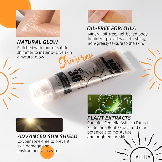 DAGEDA Body Glow Oil, SPF 30 Broad Spectrum Glitter Sunscreen, Lightweight, Non-sticky Sunscreen Body Shimmer, Sun Protection with Centella Asiatica Extract, UVA/UVB Protection, Bronze 3.4 fl.oz
