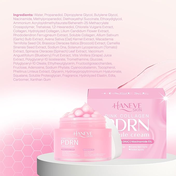 Pink Collagen PDRN Capsule Cream – Hydrating & Radiance-Boosting Face Moisturizer with PDRN (Sodium DNA), Niacinamide 5% & Collagen Capsules – 60g / 2 oz