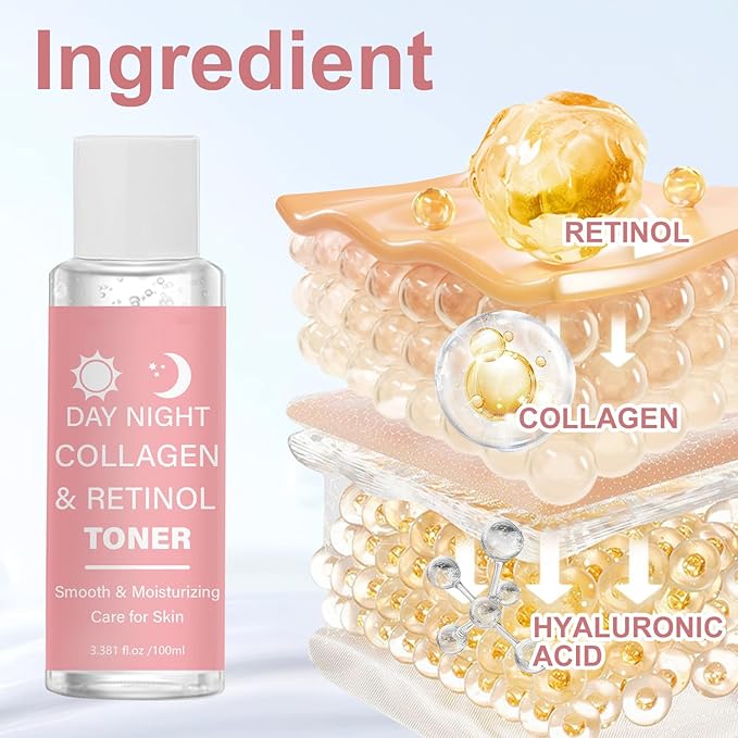 Day Night Collagen & Retinol Toner for Face – Hydrating Facial Toner with Hyaluronic Acid – Smooth Moisturizing Toner for Women – Firming and Nourishing Skin Care – Daily Water Holding Essence 100ml