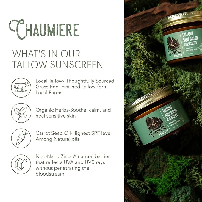Tallow Sunscreen SPF 50 – Herb-Infused Balm with Non-Nano Zinc, Carrot Seed Oil & Grass-Fed Tallow – Natural Face & Body Moisturizer, Reef Safe, Organic Ingredients, Made in USA – 2.5x3 oz